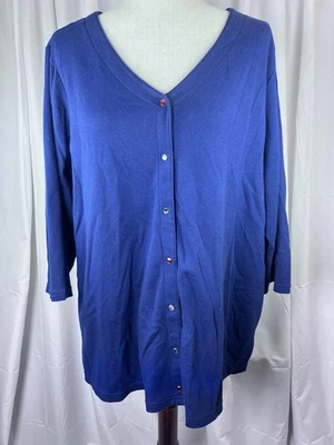 Quacker Factory Women's Blue Button Up Sweater Cardigan Rhinestone Buttons - Image 1 of 4