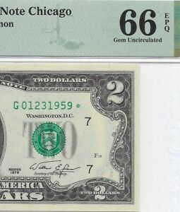 1976 $2 CHICAGO * STAR * ⭐️ FRN. PMG Gem Uncirculated 66 EPQ Date S/N 01/23/1959