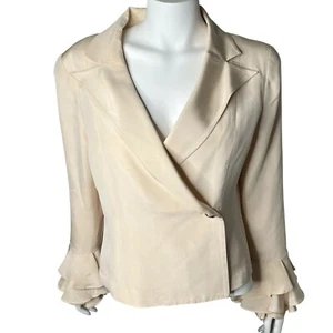 Neiman Marcus Exclusive 14 Cream 100% Silk Ruffle Sleeve Women's Blazer Jacket - Picture 1 of 10