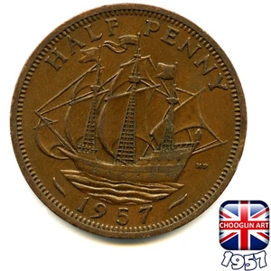 A BRITISH 1957 ELIZABETH II HALFPENNY ½d coin, 68 Years Old! - Picture 1 of 2