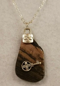 Silver Tone Lock & Key w/Polished Stone Pendant on Silver Tone Chain Necklace - Picture 1 of 4