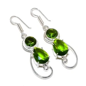 Green Peridot Gemstone Handmade 925 Sterling Silver Jewelry Earring Sz 1.9" - Picture 1 of 1