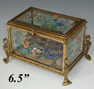 Antique French Napoleon III Era LeGras(?) Bronze & Enameled Glass Jewelry Casket - Picture 1 of 13