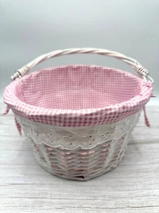 Cesta tejida sauce redonda blanca forro de guinga rosa con mango plegable desplegable - Imagen 1 de 12