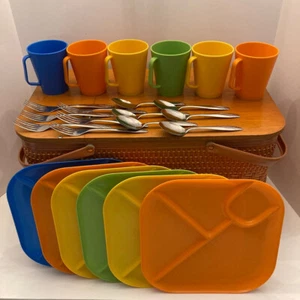 Cesta de picnic Redmon vintage 6 platos tazas cubiertos caja original bonificación años 70 - Imagen 1 de 14