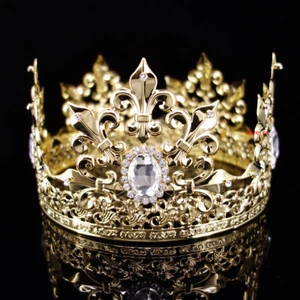 Men's Imperial Medieval Fleur De Lis Gold King Metal Crown 10cm Tall 56.5cm Circ - Picture 1 of 2