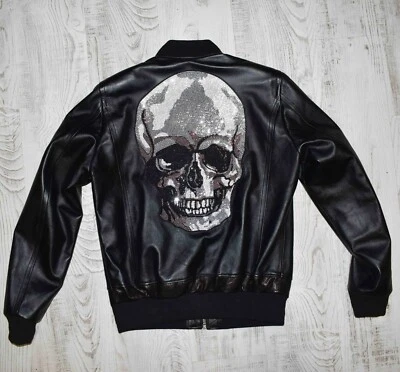 Мужская куртка из натуральной кожи с принтом в виде черепа Philipp Plein Black Crystal - Изображение 1 из 4