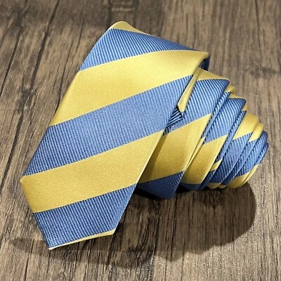 Corbata ajustada de seda azul amarillo a rayas para hombre joven cumpleaños día del padre corbata de regalo Foto 1 de 4