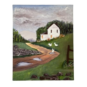 Dipinto olio vintage, tranquillo paesaggio rurale e casale, senza cornice 16" x 20" - Foto 1 di 5