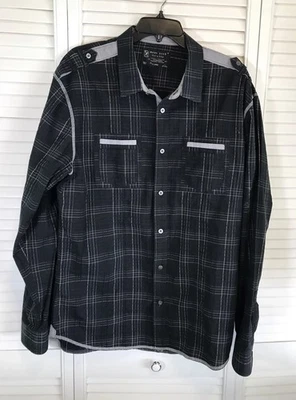 Marc Ecko Cut & Sew Black Plaid Mens XL Button Up Shirt Skater Grunge Long Sleev - Image 1 of 4