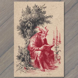 Art Print Red Devil Reading Under Tree Beside Candles Gothic Christmas Krampus H - Picture 1 of 1