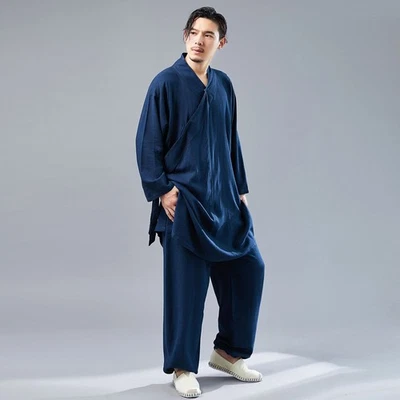 Conjunto de 2 camisas y pantalones informales de manga larga de lino de algodón de yoga taichi retro para hombre Foto 1 de 4