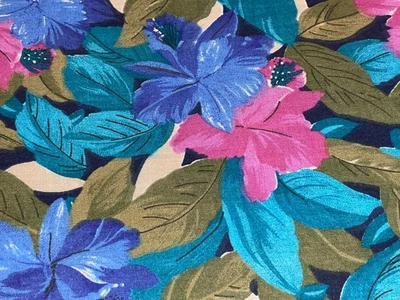 56" X 60" Vintage Tropical Flowers Hibiscus Plumeria Cotton Fabric Marcus 1990 - Image 1 of 4