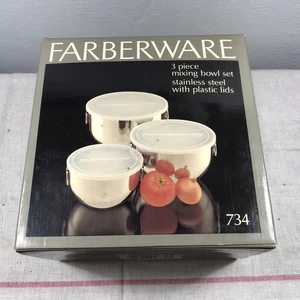 Vintage neu aus altem Lagerbestand Farberware 1 2 3 Quart Edelstahl Schüsseln Ringe Kunststoffdeckel Nummer 734 - Bild 1 von 7