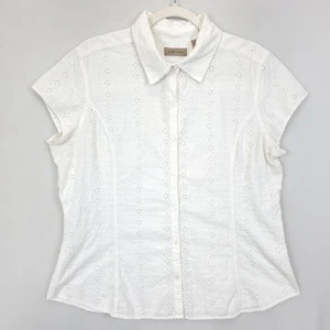 i.e. relaxed Button Up Top Women XL White Floral Eyelet Short Sleeve Cotton - Picture 1 of 9