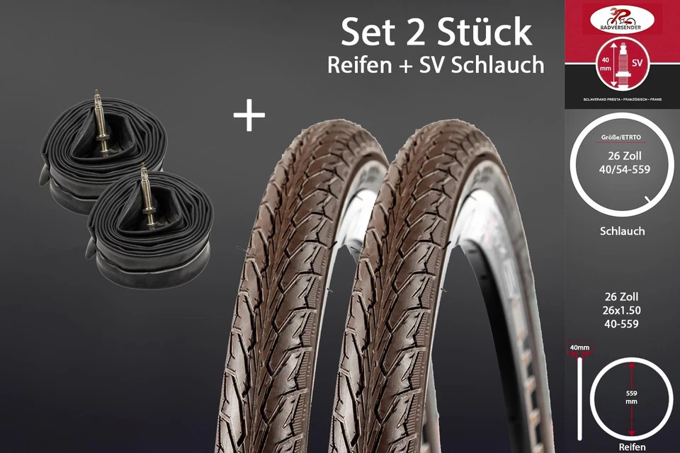 2 Stück 26 Zoll Fahrrad Reifen 26x1.50 City Trekking 40-559 Schlauch SCHWALBE SV - Bild 1 von 4