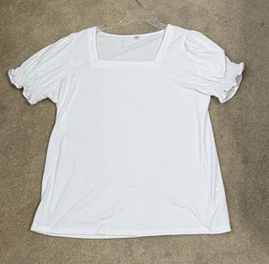 White Cotton Blouse with Puff Sleeves and Smocked Ruffle Size XL - Picture 1 of 5