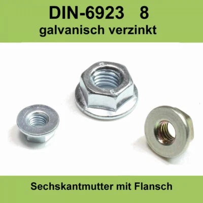 M6 DIN 6923 8. gal. verzinkte Sechskantmuttern mit Flansch Bund Muttern ISO 4161 - Bild 1 von 3