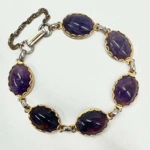 Vintage Gold Tone 1970’s Purple Amethyst Cabochon Stone Bracelet Safety Chain - Picture 1 of 5