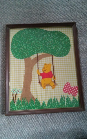 VTG Handmade Framed Winnie the Pooh Fabric Artwork Piece Wall Hanging Decor Cover