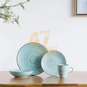 S/4 Rustic Flare Dinnerware Set-16pieces Aqua Dining Room Tabletop - Picture 1 of 1