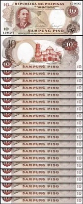 Philippines 10 Piso 1969, UNC, 20 Pcs LOT, Consecutive,P-144a, Sign 7, Prefx A 0 - Image 1 of 4