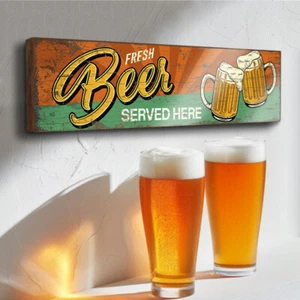 Fresh Beer Served Here Wooden 40cm Pub Sign Homebrew Mancave Garage Wall Plaque - Picture 1 of 4
