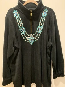 BOB MACKIE 3X Fleece 1/4 Zip Embroidered Jeweled Necklace Detail Boho Cardigan - Picture 1 of 15