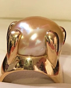 18k Yellow Gold Golden South Sea Baroque Large Pearl Ring 18.9 Grams Designers - Picture 1 of 9