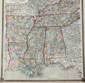 1875 Map TENNESSEE KENTUCKY LOUISIANA ARKANSAS ALABAMA MISSISSIPPI - Original  - Picture 1 of 4