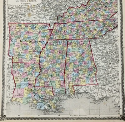 1875 Map TENNESSEE KENTUCKY LOUISIANA ARKANSAS ALABAMA MISSISSIPPI - Original  - Image 1 of 4