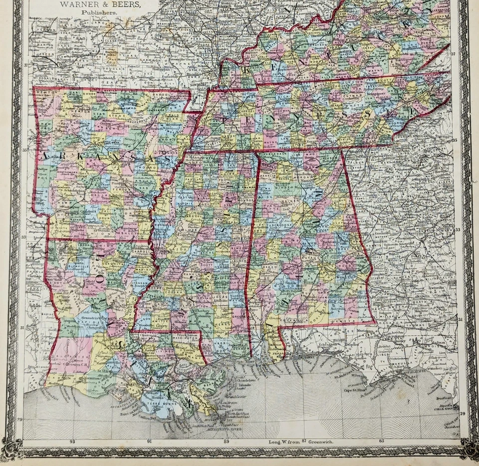 Mapa 1875 TENNESSEE KENTUCKY LOUISIANA ARKANSAS ALABAMA MISSISSIPPI - Original  Foto 1 de 4