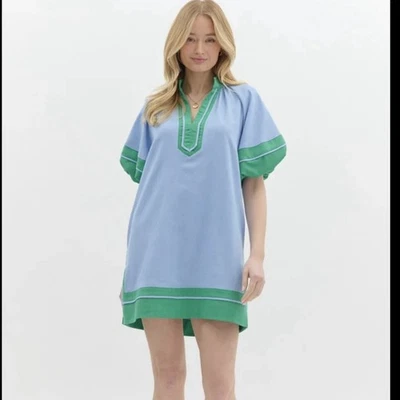 Mini Vestido Para Mujer Entro Azul Verde Bloques de Color Mezcla de Lino Mangas Linterna Talla S Foto 1 de 4