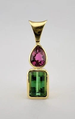 Designer Salomon 18k Yellow Gold Watermelon Pink & Green Tourmaline Pendant - Image 1 of 4