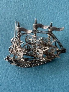 Antique 800 Silver Pirate Ship Filigree Style Brooch. Rare Piece of ART! - Picture 1 of 12