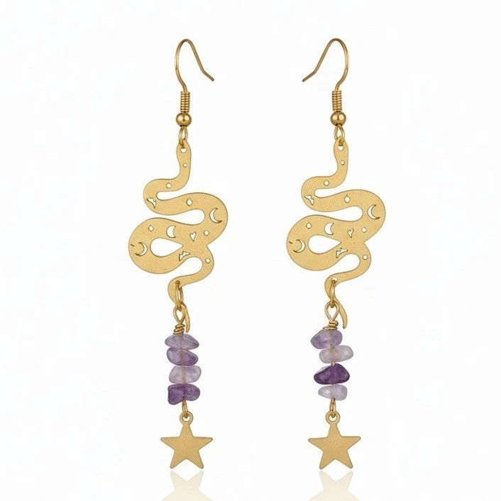 Gold Snake Moon Celestial Dangle Earrings with Amethyst Star Charm - Image 1 of 1