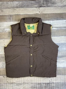 VTG 70s Sears Mens Store Duck Down XL Brown Puffer Vest Snap Pockets Rancher - Picture 1 of 8