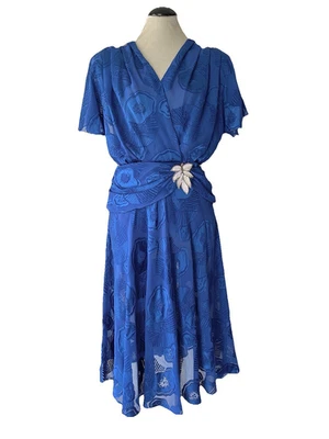 VTG 80s Blue Party Dress Burnout Sequin Disco 40s Style Floral Flutter S/M - Image 1 of 3