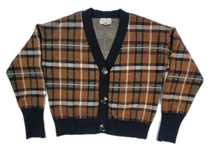 Marled Cardigan Women M Brown Plaid Button Front Cropped Knit Sweater - Picture 1 of 7