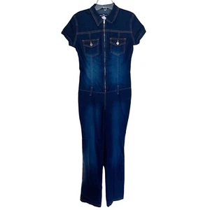 Parkers Jeans Vintage M Jean Jumpsuit Romper Zip Short Sleeve Dark Blue Bootcut - Picture 1 of 9