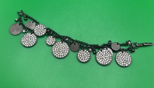 "Bracciale Ciondolo Ciondolo Firmato Logo Givenchy Tono Nero Cristallo Trasparente 7""