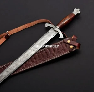 Fully Hand Forged Damascus Steel Medieval / Viking Sword With Leather Sheath. - Picture 1 of 5