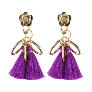 Purple TASSEL Earrings GOLD Loop FLOWER Stud SILKEN Dangle FUN Unique GIFT - Picture 1 of 4