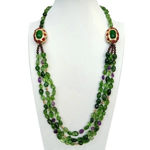 27" 3 Strands Green Crystal Amethsyt Smoky Quartz Green Japser Long Necklace - Picture 1 of 6