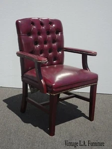 Vintage French Country Tufted Burgundy Vinyl Cigar Chair w Decorative Nails - Picture 1 of 12