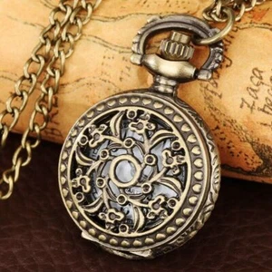 Old Fashion Hollow Out Flower Cover Necklace Chain Unisex Quartz Pocket Watch - Picture 1 of 8
