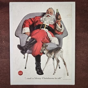 1956 Coca Cola Merry Christmas To All Santa Deer Glued to cardboard VTG Print Ad - Picture 1 of 6