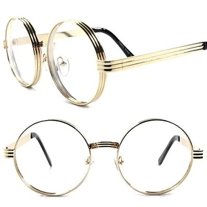 Classic Vintage Retro Steampunk Mens Womens Round Circle Clear Lens Gold Glasses - Picture 1 of 4
