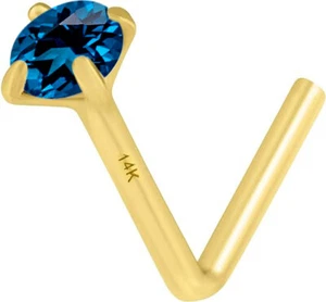 14K Solid Gold Nose Ring 20 Gauge Natural London Blue Topaz Round Shape - Picture 1 of 7