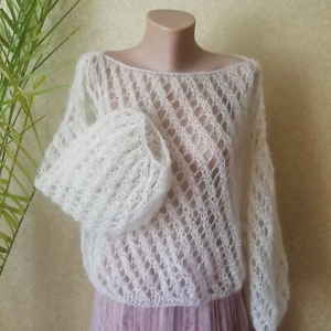 Elfenbein Braut Pullover Used-Look Strick Mohair Hochzeitspullover großes Loch zerrissen Oberteil - Bild 1 von 13